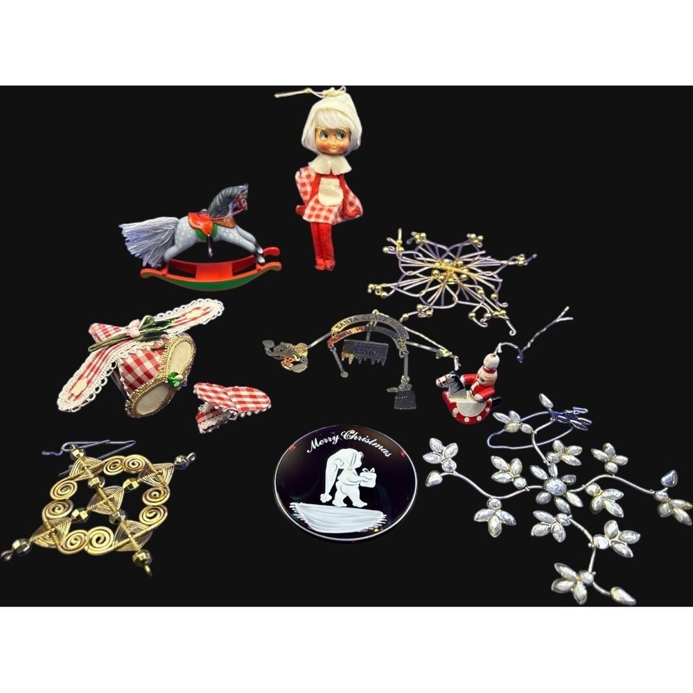 Vintage Inarco Christmas Ornaments Japan Lot Gold Santa Rocking Horse 1988 Plaid - Picture 3 of 13